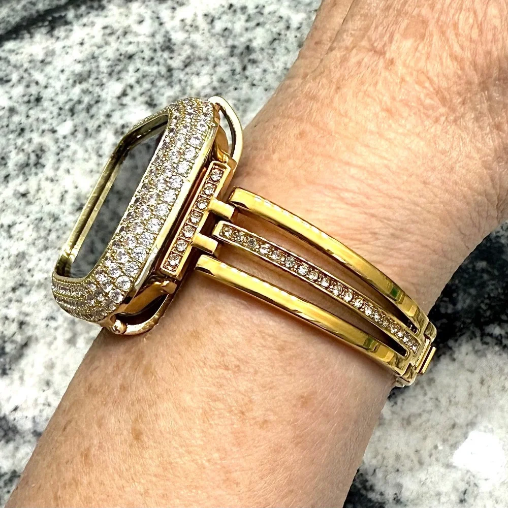 2 pc Apple Watch set white gold lab diamond case and crystal band classy bling